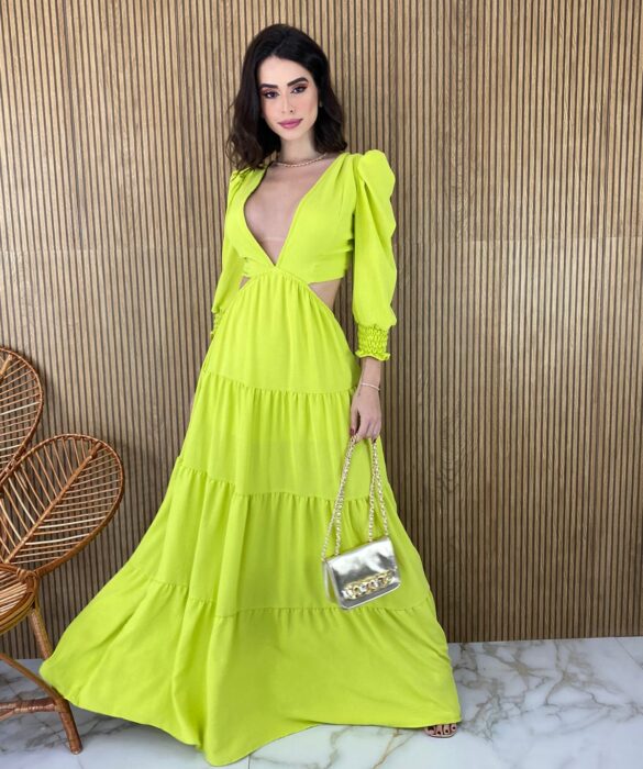 Vestido Longo sem Bojo com Abertura Manga Longa Verde Lima - Fernanda Ramos Store