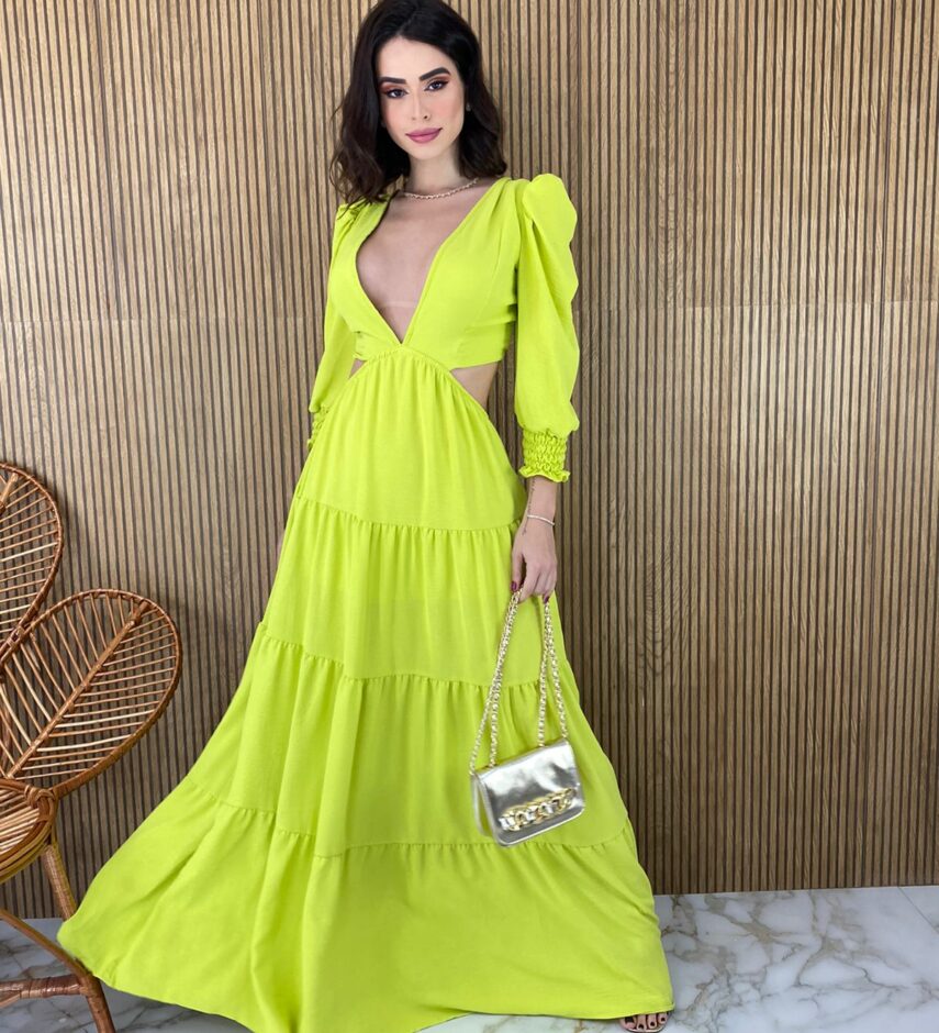 Vestido Longo sem Bojo com Abertura Manga Longa Verde Lima - Fernanda Ramos Store