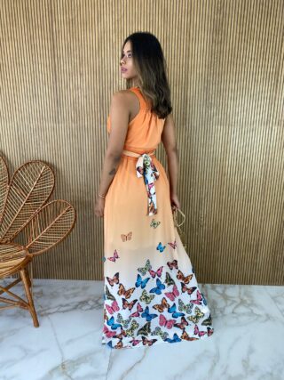 Vestido Longo sem Bojo Estampado Borboletas Laranja - Fernanda Ramos Store