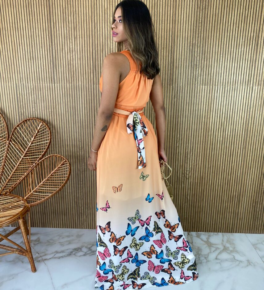 Vestido Longo sem Bojo Estampado Borboletas Laranja - Fernanda Ramos Store