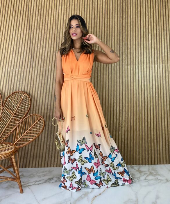 Vestido Longo sem Bojo Estampado Borboletas Laranja - Fernanda Ramos Store