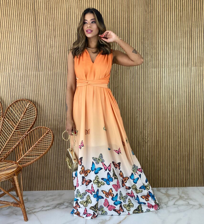 Vestido Longo sem Bojo Estampado Borboletas Laranja - Fernanda Ramos Store