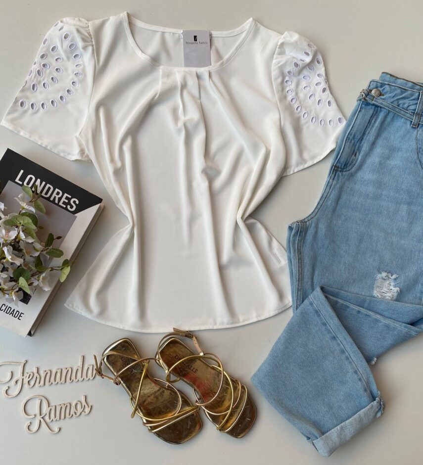 Blusa Feminina Detalhes Vazados nas Mangas Branca Fernanda Ramos Store