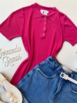 Blusa Feminina Manga Curta Polo com Botões Pink - Fernanda Ramos Store