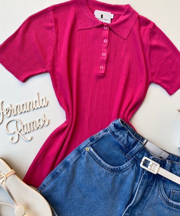 Blusa Feminina Manga Curta Polo com Botões Pink - Fernanda Ramos Store