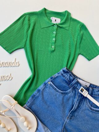 Blusa Feminina Manga Curta Polo com Botões Verde - Fernanda Ramos Store