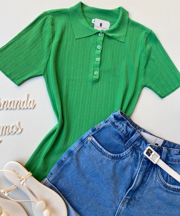 Blusa Feminina Manga Curta Polo com Botões Verde - Fernanda Ramos Store