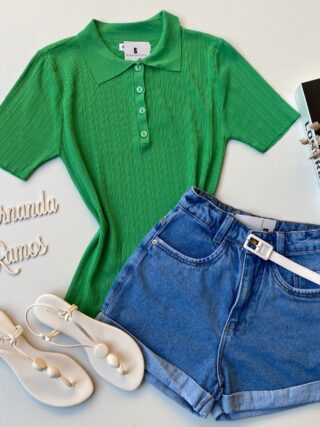 Blusa Feminina Manga Curta Polo com Botões Verde Fernanda Ramos Store