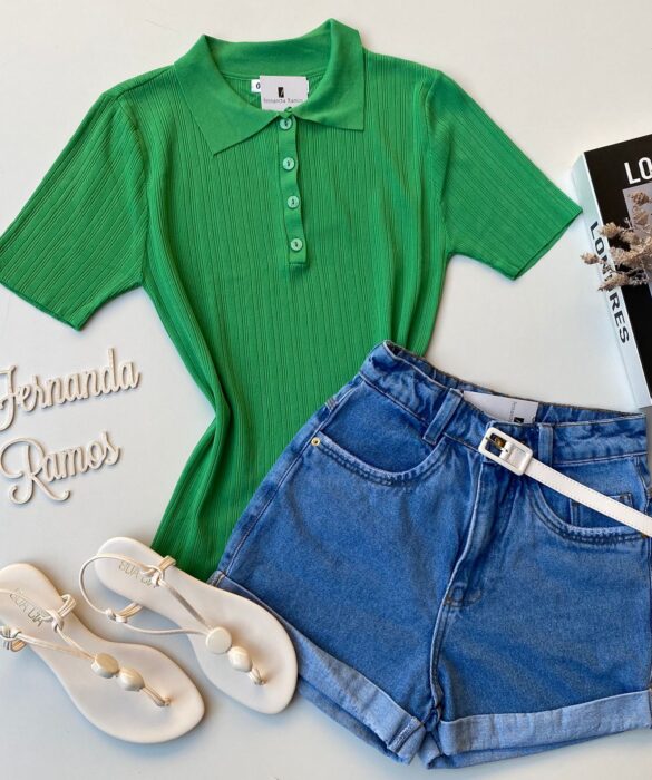 Blusa Feminina Manga Curta Polo com Botões Verde - Fernanda Ramos Store