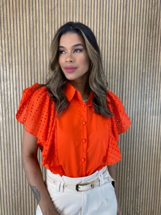 Blusa Manga Curta Feminina com Botões e Laise Coral - Fernanda Ramos Store