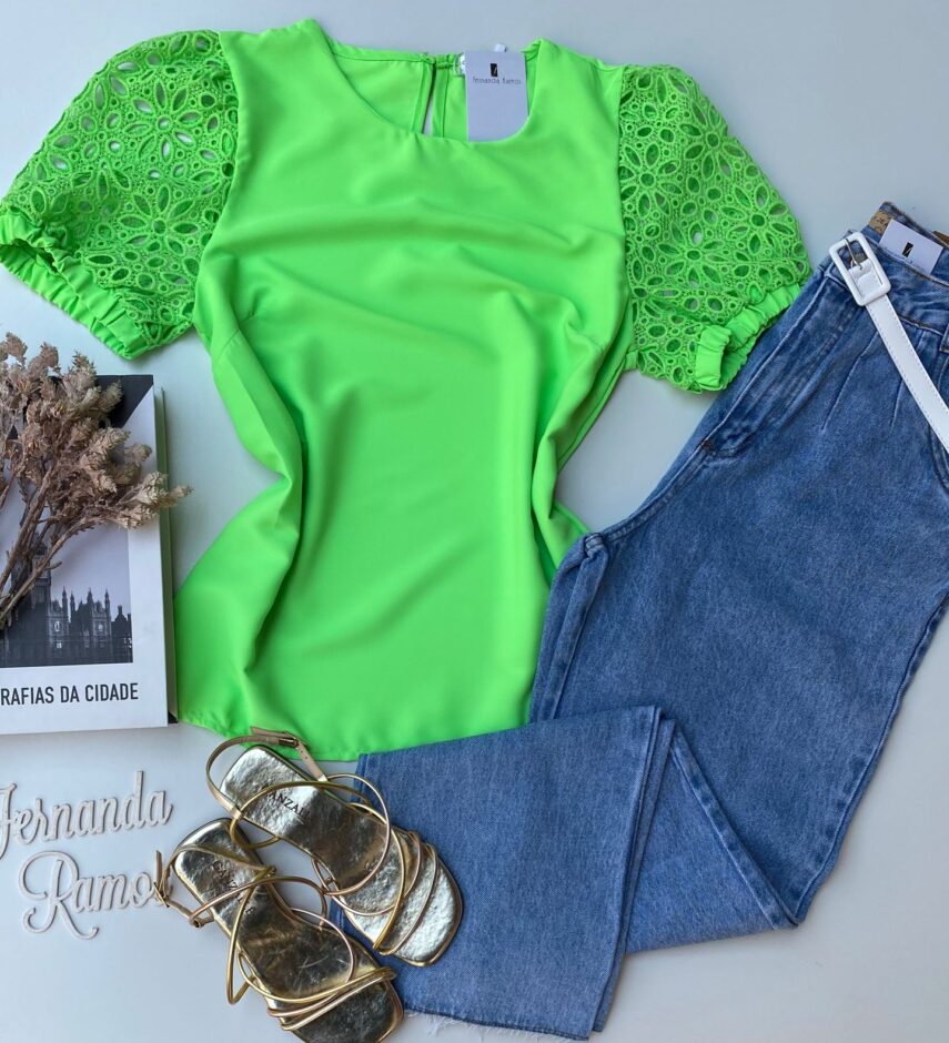Blusa Manga Curta Feminina Manga com Detalhes Verde - Fernanda Ramos Store
