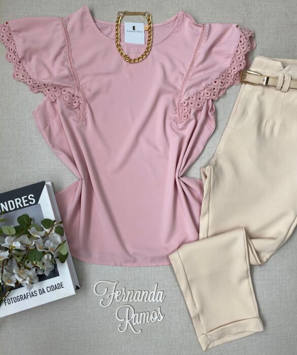 Blusa Manga Curta Feminina Plus com Detalhes Rosa Fernanda Ramos Store