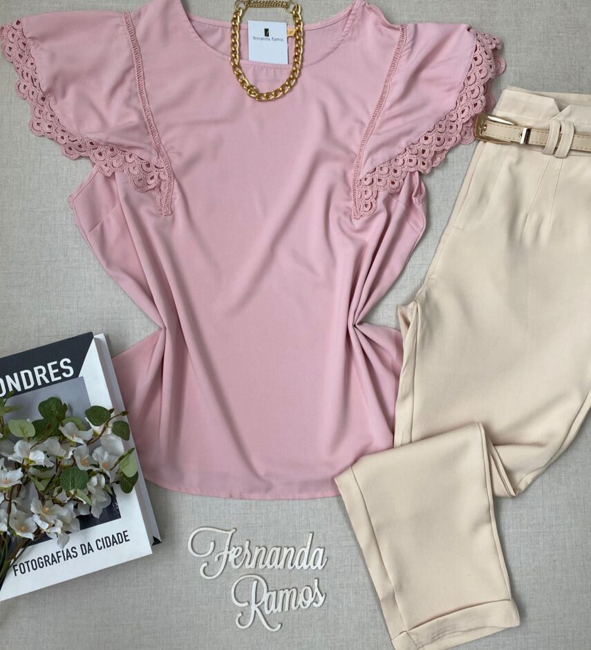 Blusa Manga Curta Feminina Plus com Detalhes Rosa Fernanda Ramos Store