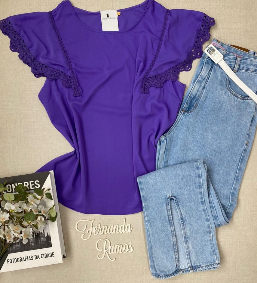 Blusa Manga Curta Feminina Plus com Detalhes Roxa Fernanda Ramos Store