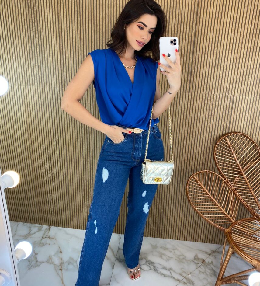 Body Feminino sem Bojo Transpassado Azul - Fernanda Ramos Store