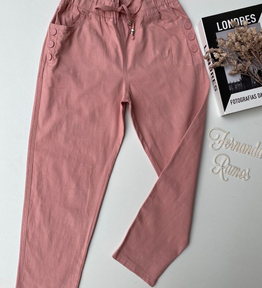 Calça Feminina Botões Encapados Laterais e Amarração Rosa - Fernanda Ramos Store