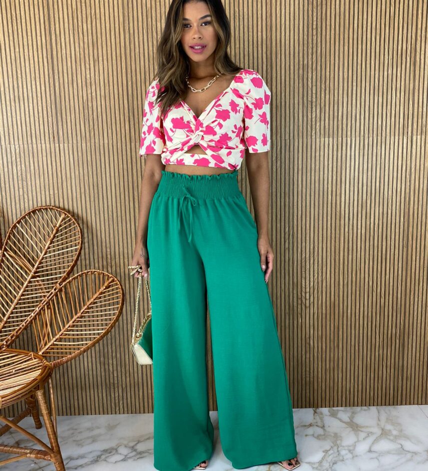 Calça Feminina Pantalona Lastex na Cintura Verde - Fernanda Ramos Store