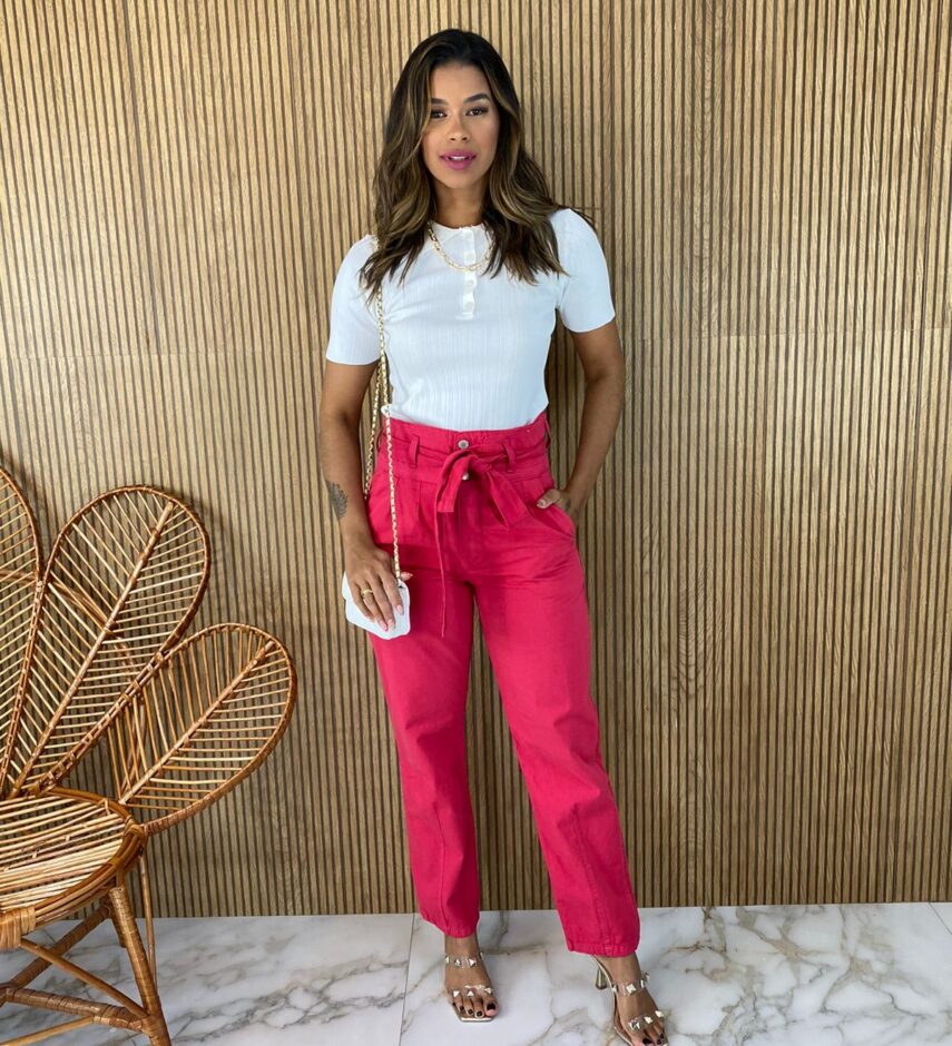Calça Jeans Feminina Alta com Cós Largo Sarja Pink - Fernanda Ramos Store