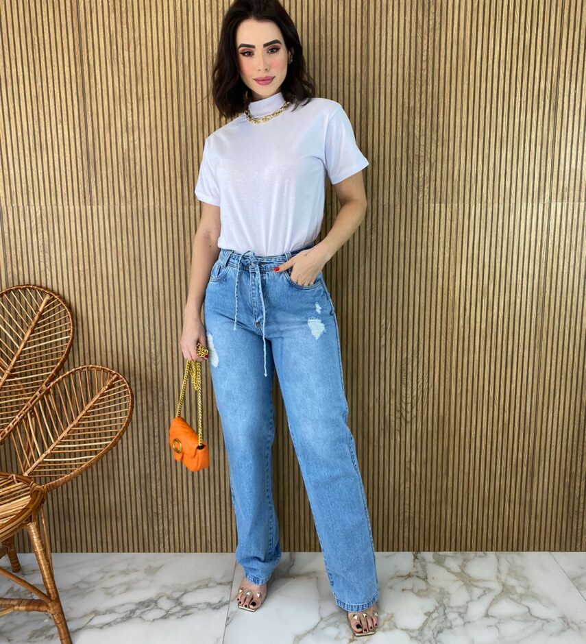 Calça Jeans Feminina Wide Leg com Amarração 21202 - Fernanda Ramos Store