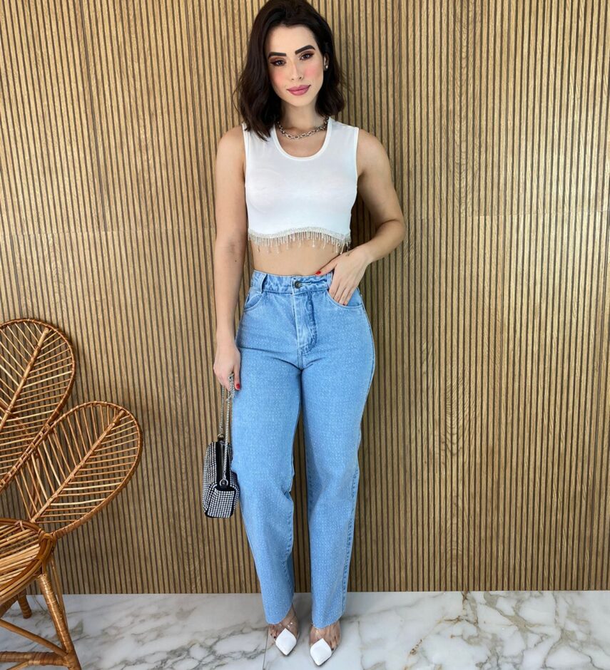 Calça Jeans Feminina Wide Leg Glamour com Aplicação - Fernanda Ramos Store
