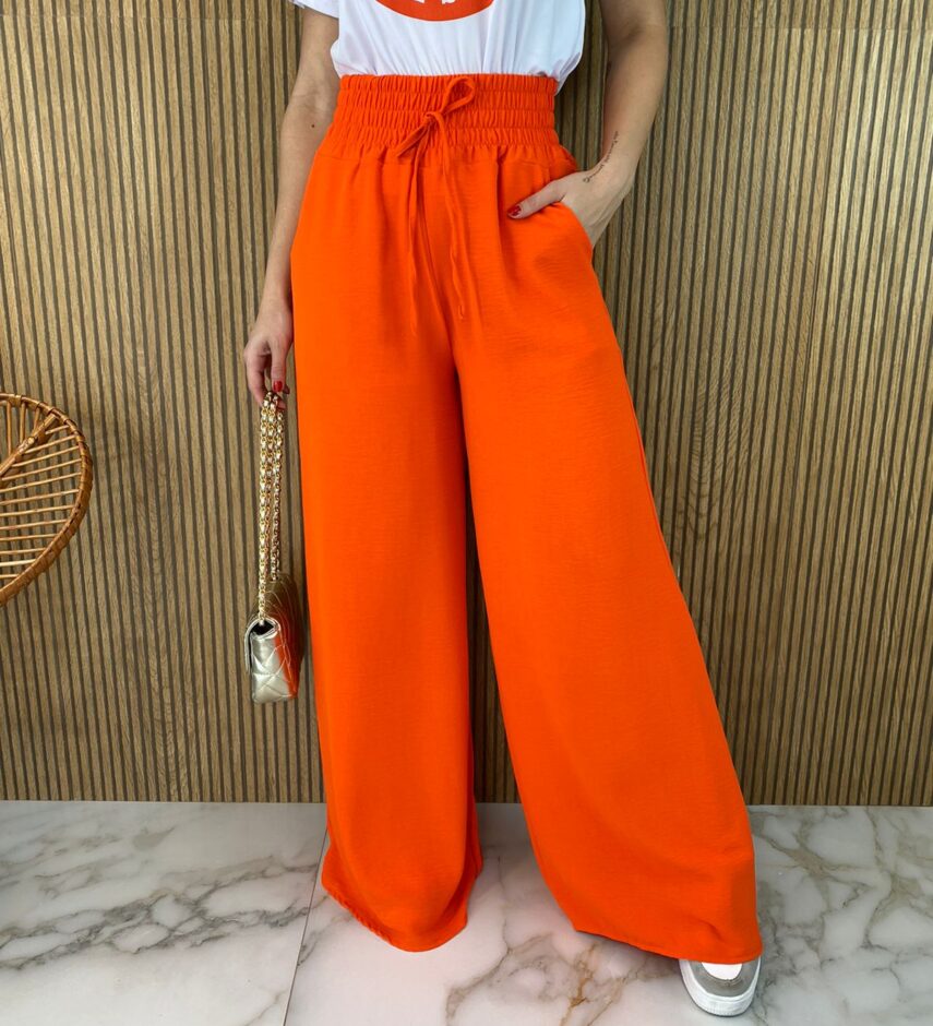 Calça Pantalona Lastex na Cintura Laranja Fernanda Ramos Store