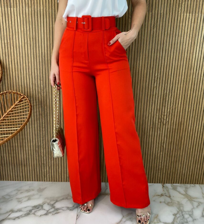 Calça Social Pantalona Feminina com Cinto Vermelha - Fernanda Ramos Store