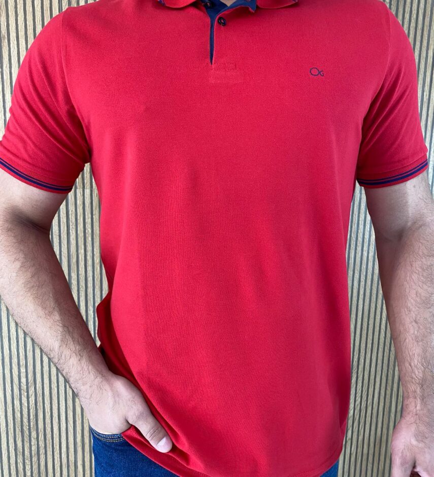 Camiseta Polo Casual Ogochi Vermelha Gola Detalhe em Azul 0045 - Fernanda Ramos Store