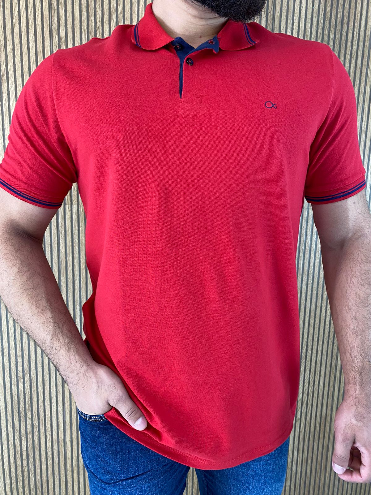 Camisa Polo Azul Marinho Com Detalhe Vermelho Na Gola