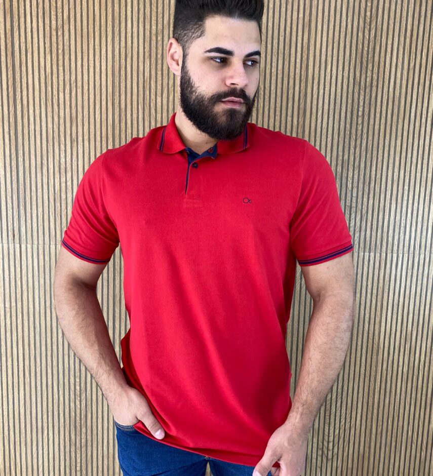 Camiseta Polo Casual Ogochi Vermelha Gola Detalhe em Azul 0045 - Fernanda Ramos Store