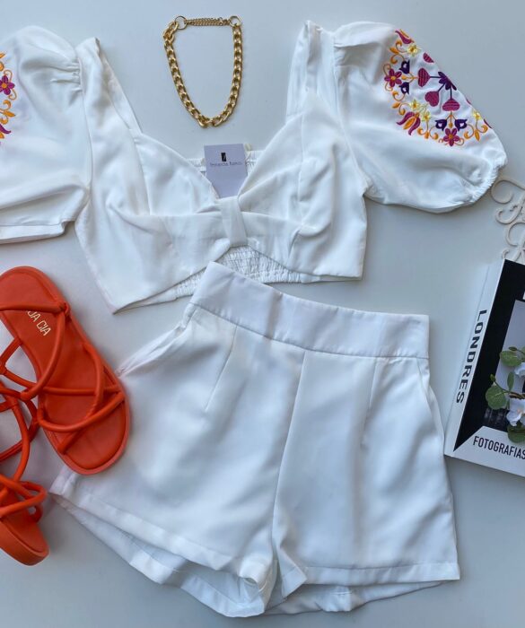 Conjunto Feminino Short e Cropped Bordado Branco Fernanda Ramos Store