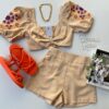 Conjunto Feminino Short e Cropped Bordado Bege Fernanda Ramos Store