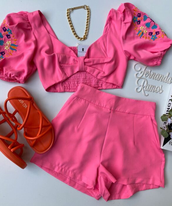 fernandaramosstore com br conjunto feminino short e cropped bordado rosa 1