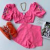 Conjunto Feminino Short e Cropped Bordado Rosa Fernanda Ramos Store