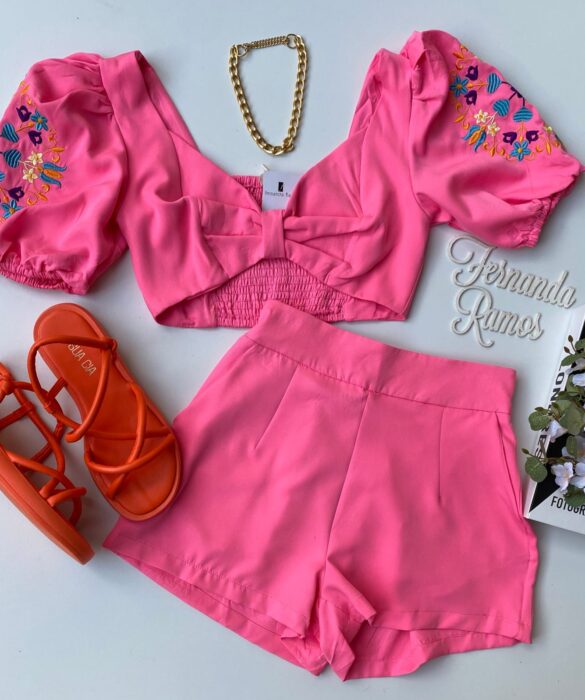 Conjunto Feminino Short e Cropped Bordado Rosa Fernanda Ramos Store