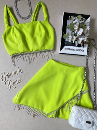 Conjunto Feminino Short Saia e Cropped com Aplicação Verde Lima - Fernanda Ramos Store