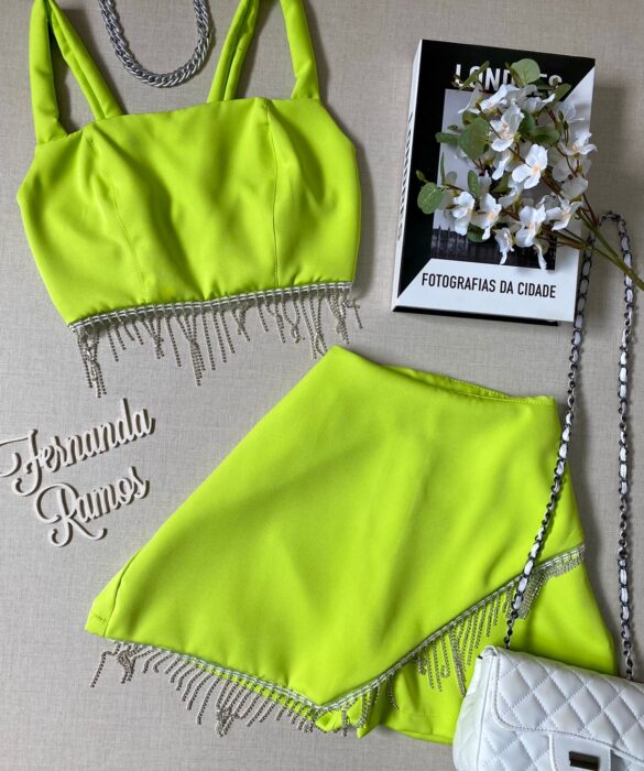 Conjunto Feminino Short Saia e Cropped com Aplicação Verde Lima - Fernanda Ramos Store