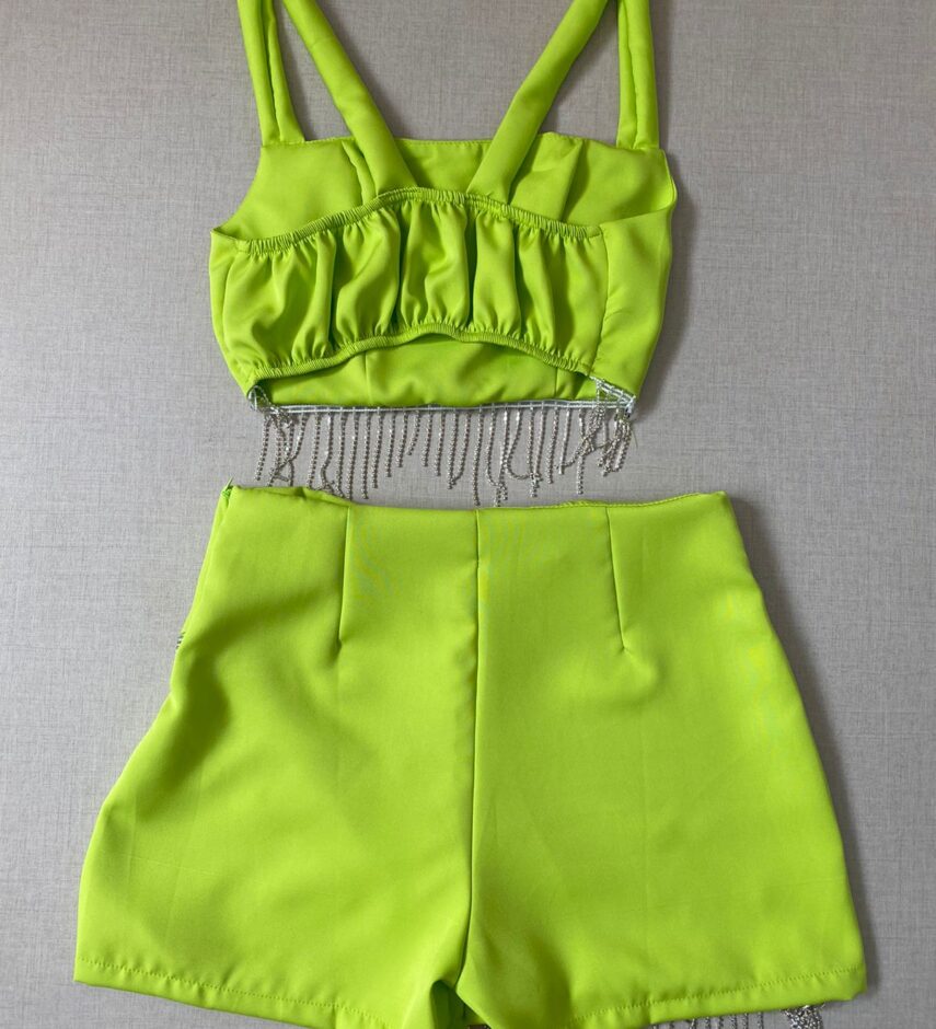 Conjunto Feminino Short Saia e Cropped com Aplicação Verde Lima - Fernanda Ramos Store