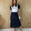 Conjunto Feminino T-shirt e Saia Midi de Laise Preta Fernanda Ramos Store