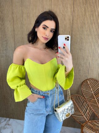 Cropped Corset com Bojo Verde Lima com Manga - Fernanda Ramos Store