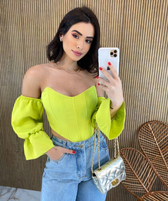 Cropped Corset com Bojo Verde Lima com Manga - Fernanda Ramos Store