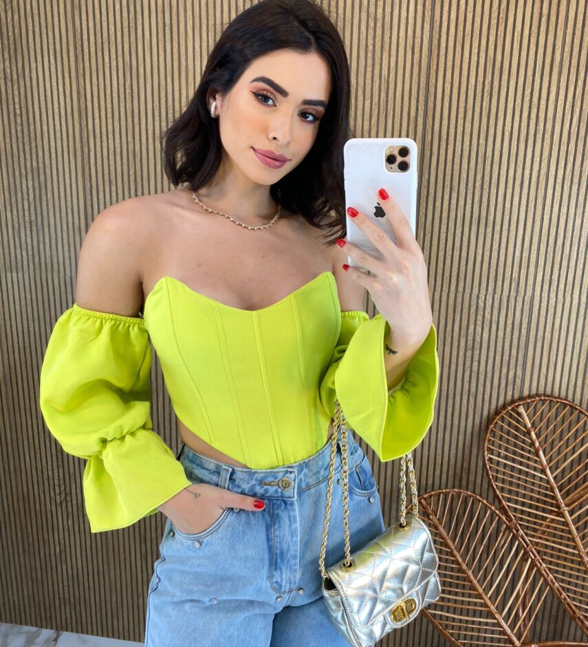 Cropped Corset com Bojo Verde Lima com Manga - Fernanda Ramos Store