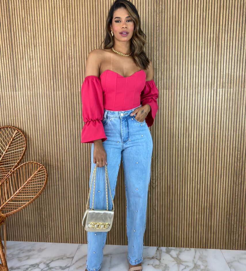 Cropped Corset com Bojo Pink com Manga - Fernanda Ramos Store