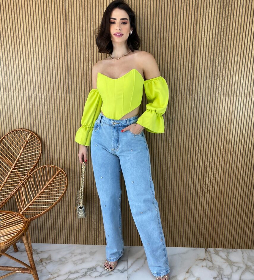 Cropped Corset com Bojo Verde Lima com Manga - Fernanda Ramos Store