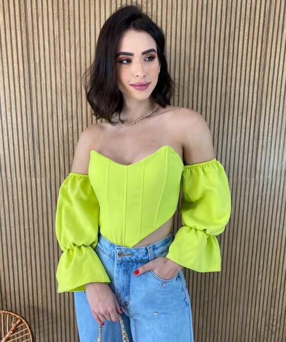 Cropped Corset com Bojo Verde Lima com Manga - Fernanda Ramos Store