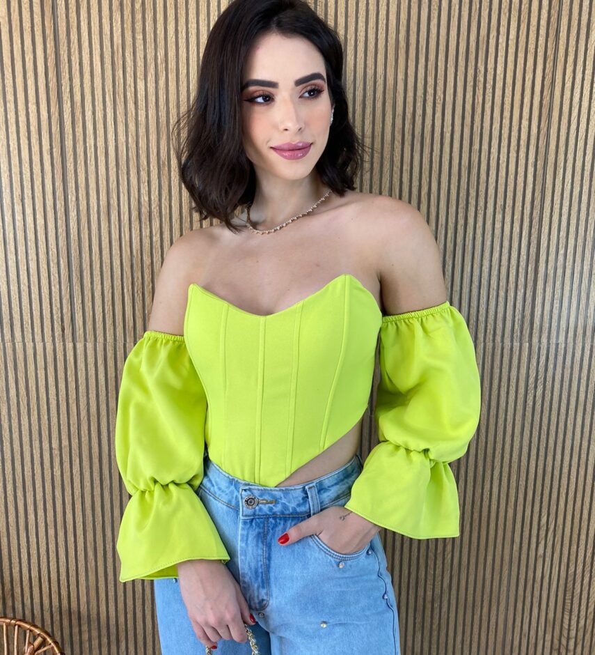 Cropped Corset com Bojo Verde Lima com Manga - Fernanda Ramos Store
