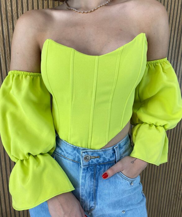 Cropped Corset com Bojo Verde Lima com Manga - Fernanda Ramos Store