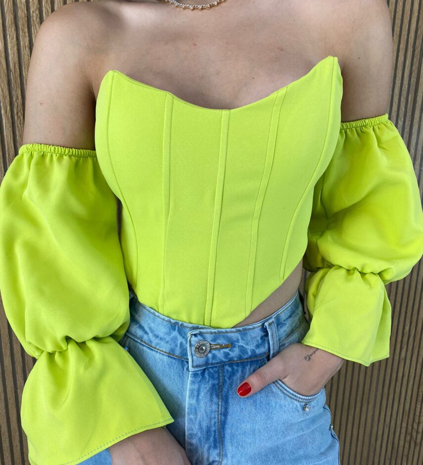 Cropped Corset com Bojo Verde Lima com Manga - Fernanda Ramos Store