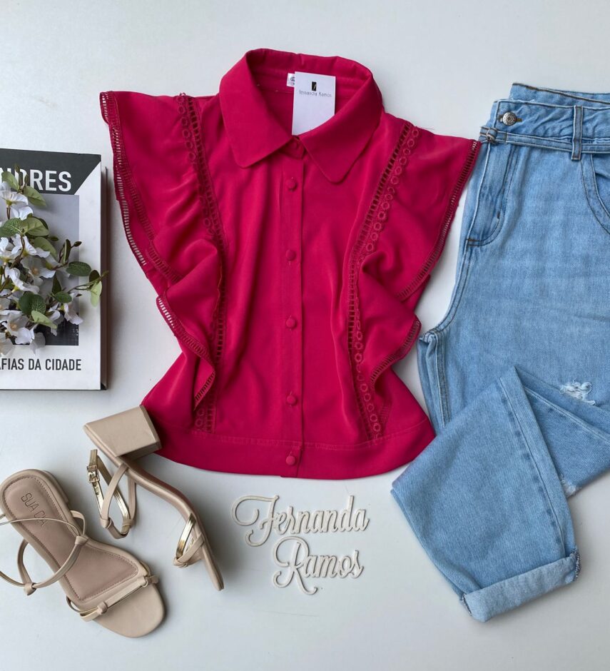 Cropped Feminino Alongado com Botões e Detalhes Pink - Fernanda Ramos Store