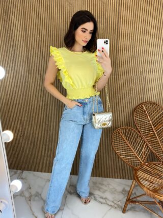 Cropped Feminino Babados em Guipir Amarelo - Fernanda Ramos Store