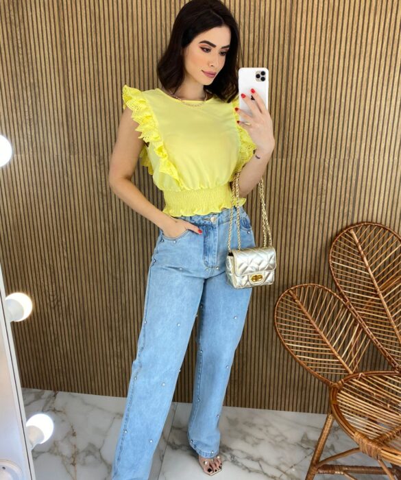 Cropped Feminino Babados em Guipir Amarelo - Fernanda Ramos Store